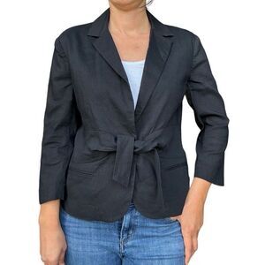 Theory Black Galina Linen Blend Tie Front Blazer Jacket Size 12 Career Work